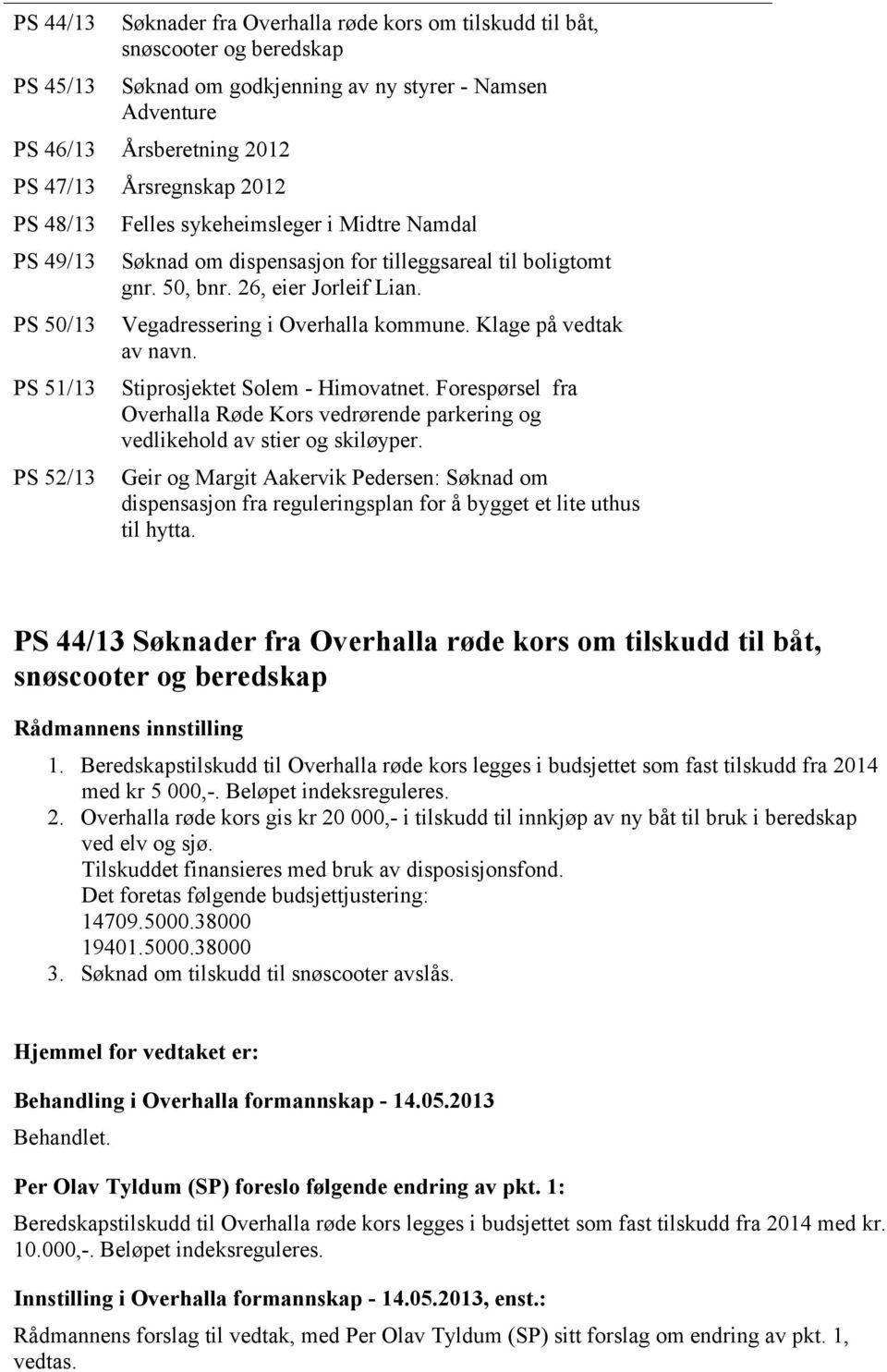 Vegadressering i Overhalla kommune. Klage på vedtak av navn. Stiprosjektet Solem - Himovatnet. Forespørsel fra Overhalla Røde Kors vedrørende parkering og vedlikehold av stier og skiløyper.