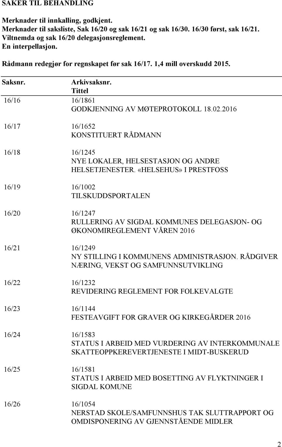 2016 16/17 16/1652 KONSTITUERT RÅDMANN 16/18 16/1245 NYE LOKALER, HELSESTASJON OG ANDRE HELSETJENESTER.