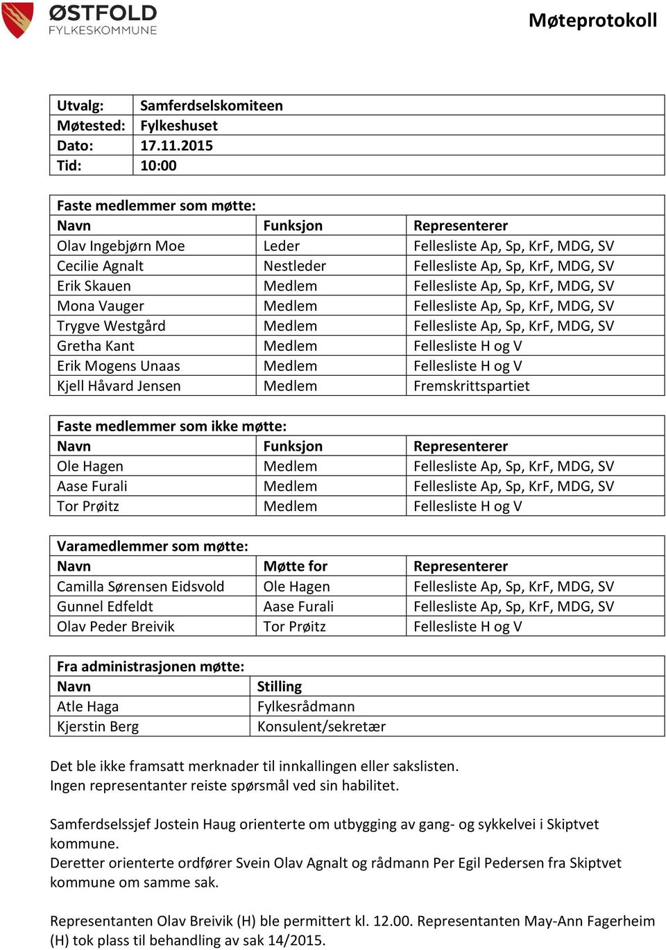 Medlem Fellesliste Ap, Sp, KrF, MDG, SV Mona Vauger Medlem Fellesliste Ap, Sp, KrF, MDG, SV Trygve Westgård Medlem Fellesliste Ap, Sp, KrF, MDG, SV Gretha Kant Medlem Fellesliste H og V Erik Mogens