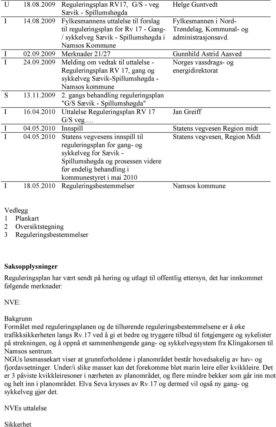 11.2009 2. gangs behandling reguleringsplan "G/S Sævik - " I 16.04.2010 Uttalelse Reguleringsplan RV 17 Jan Greiff G/S veg... I 04.05.