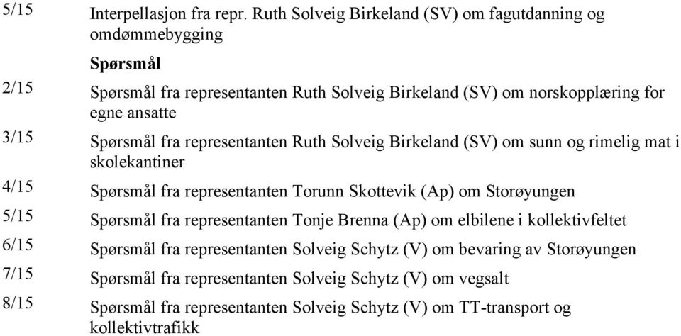 3/15 Spørsmål fra representanten Ruth Solveig Birkeland (SV) om sunn og rimelig mat i skolekantiner 4/15 Spørsmål fra representanten Torunn Skottevik (Ap) om Storøyungen