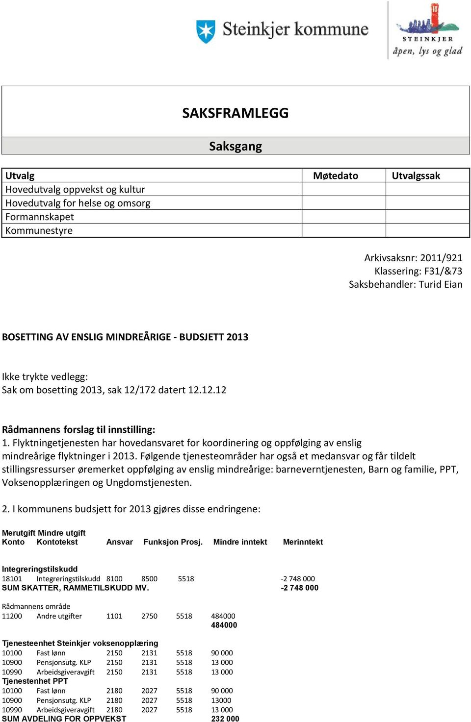 Flyktningetjenesten har hovedansvaret for koordinering og oppfølging av enslig mindreårige flyktninger i 2013.