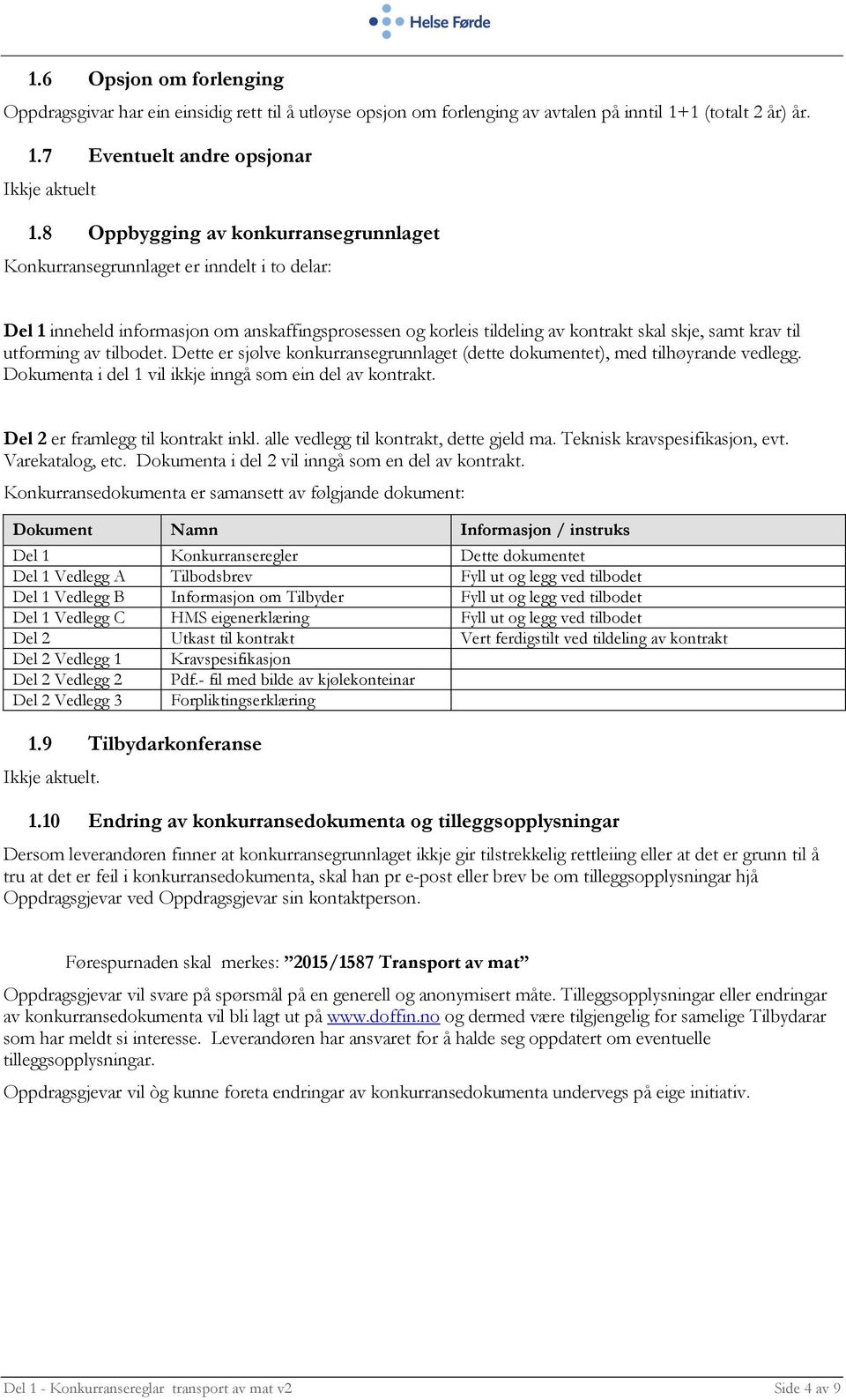 utforming av tilbodet. Dette er sjølve konkurransegrunnlaget (dette dokumentet), med tilhøyrande vedlegg. Dokumenta i del 1 vil ikkje inngå som ein del av kontrakt.