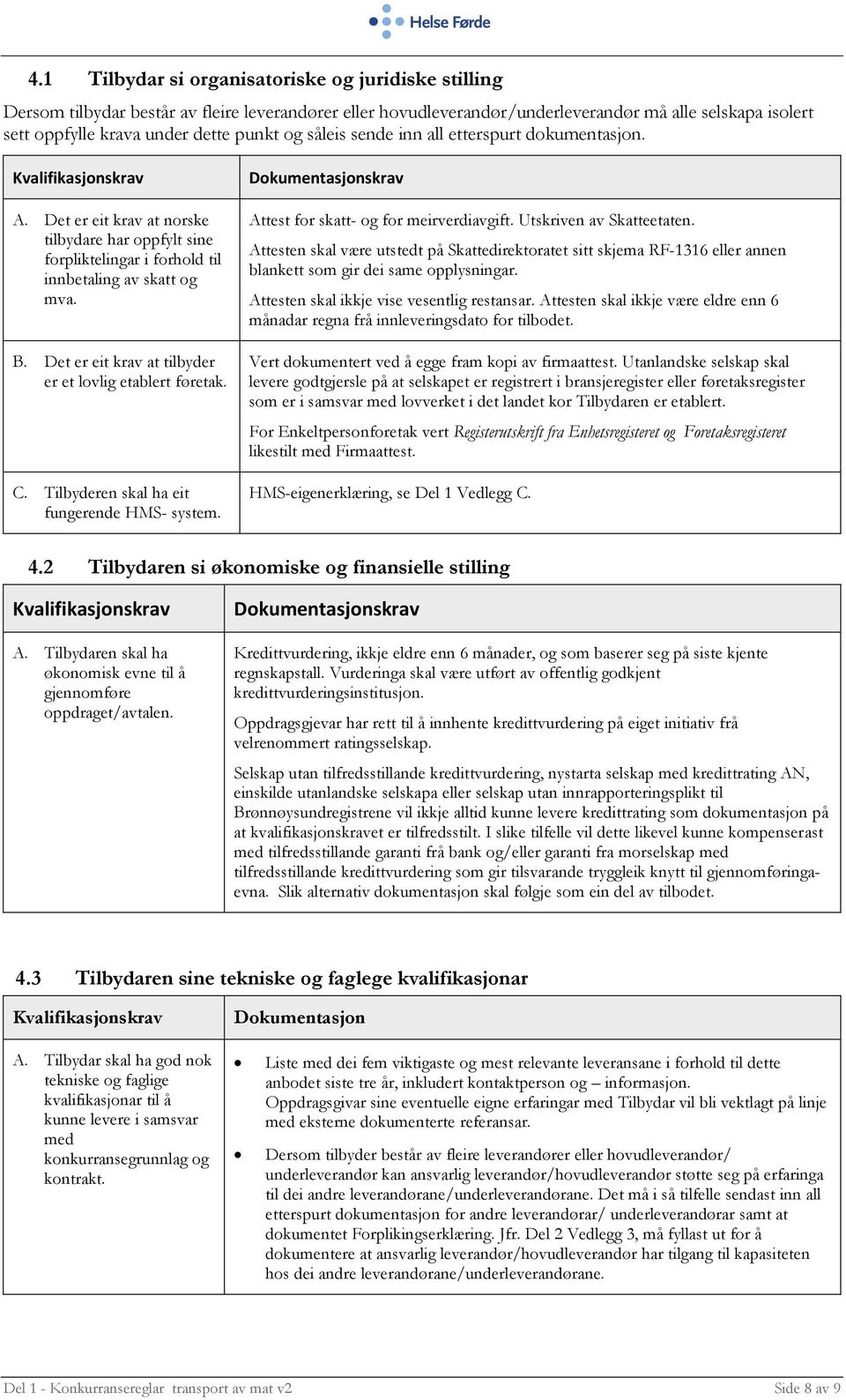 Det er eit krav at tilbyder er et lovlig etablert føretak. C. Tilbyderen skal ha eit fungerende HMS- system. Dokumentasjonskrav Attest for skatt- og for meirverdiavgift. Utskriven av Skatteetaten.