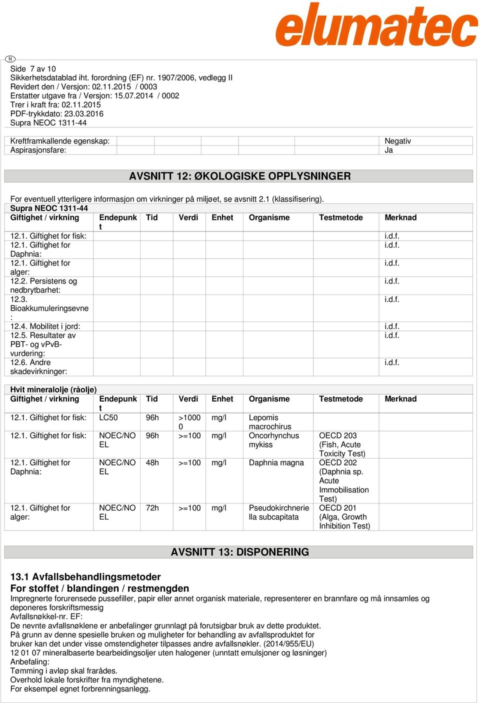 3. Bioakkumuleringsevne : 12.4. Mobilitet i jord: 12.5. Resultater av PBT- og vpvbvurdering: 12.6.