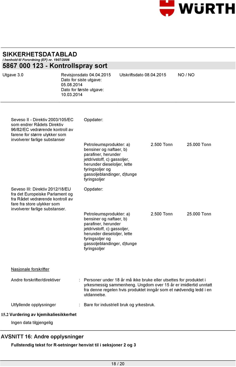 Oppdater: Petroleumsprodukter: a) bensiner og naftaer, b) parafiner, herunder jetdrivstoff, c) gassoljer, herunder dieseloljer, lette fyringsoljer og gassoljeblandinger, d)tunge fyringsoljer