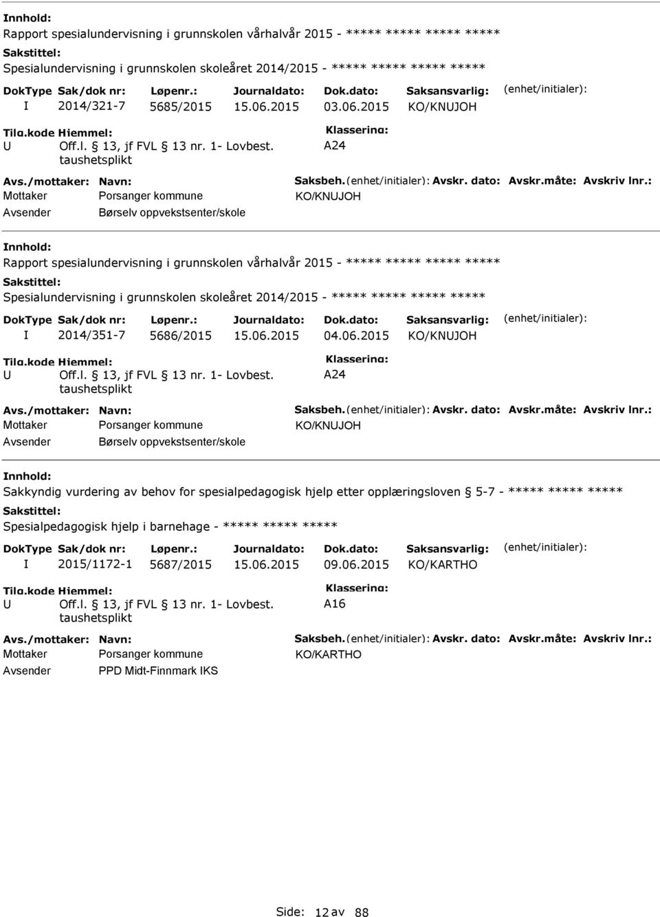 : KO/KNJOH Avsender Børselv oppvekstsenter/skole Rapport spesialundervisning i grunnskolen vårhalvår 2015 - ***** ***** ***** ***** Spesialundervisning i grunnskolen skoleåret 2014/2015 - ***** *****