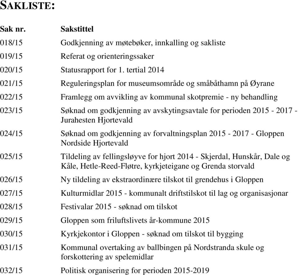 perioden 2015-2017 - Jurahesten Hjortevald 024/15 Søknad om godkjenning av forvaltningsplan 2015-2017 - Gloppen Nordside Hjortevald 025/15 Tildeling av fellingsløyve for hjort 2014 - Skjerdal,