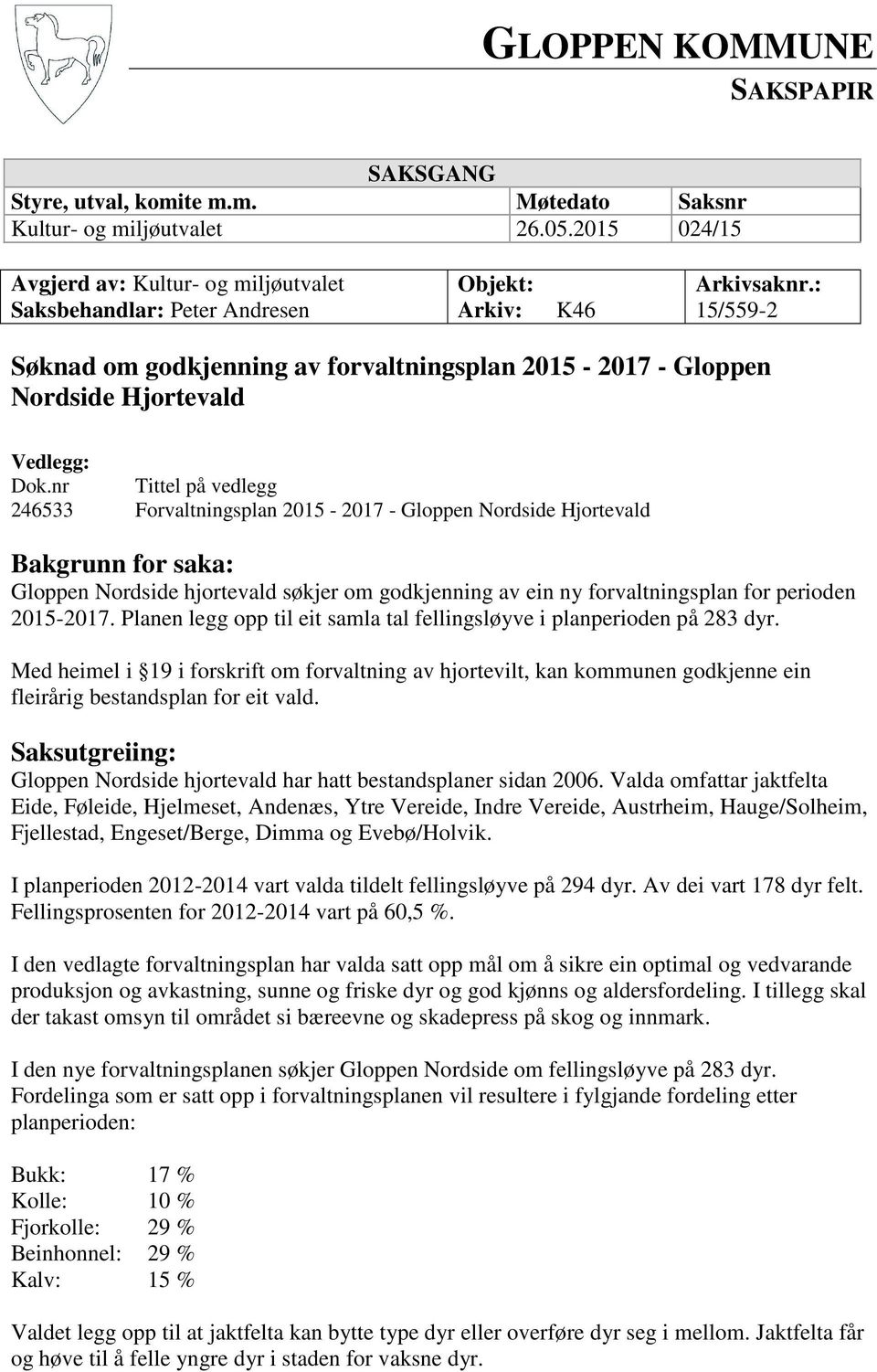 : 15/559-2 Søknad om godkjenning av forvaltningsplan 2015-2017 - Gloppen Nordside Hjortevald Vedlegg: Dok.