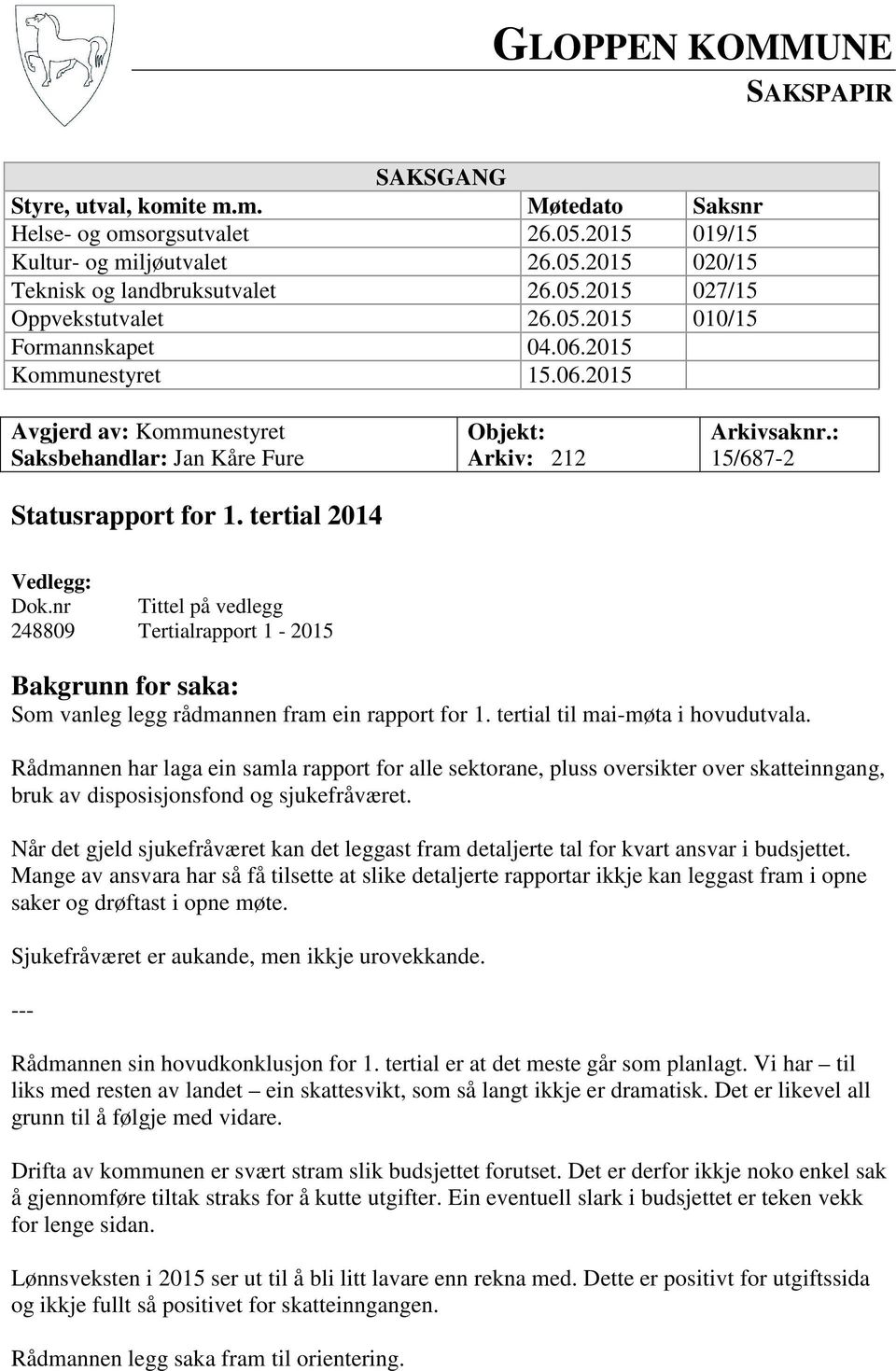 : 15/687-2 Vedlegg: Dok.nr Tittel på vedlegg 248809 Tertialrapport 1-2015 Bakgrunn for saka: Som vanleg legg rådmannen fram ein rapport for 1. tertial til mai-møta i hovudutvala.