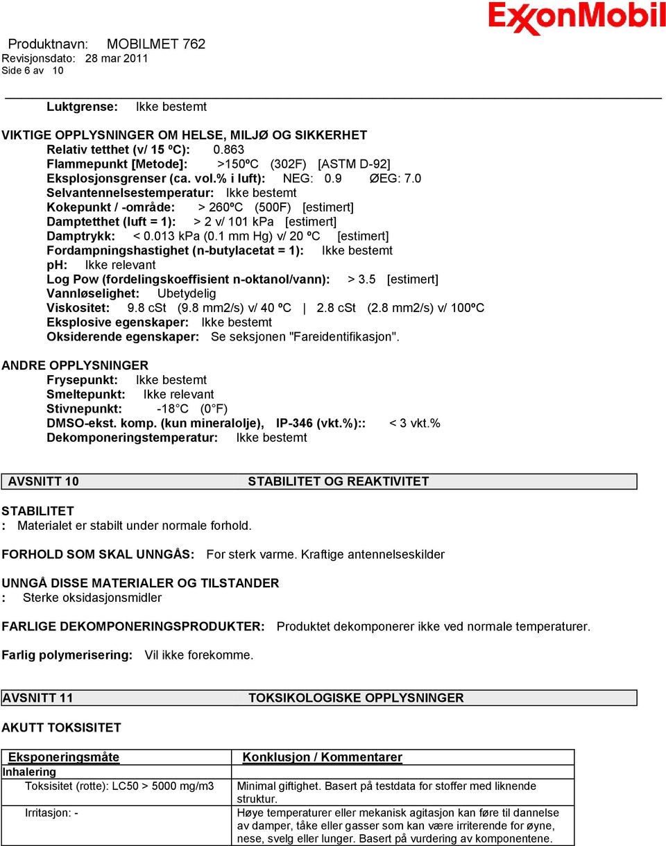 1 mm Hg) v/ 20 ºC [estimert] Fordampningshastighet (n-butylacetat = 1): Ikke bestemt ph: Ikke relevant Log Pow (fordelingskoeffisient n-oktanol/vann): > 3.