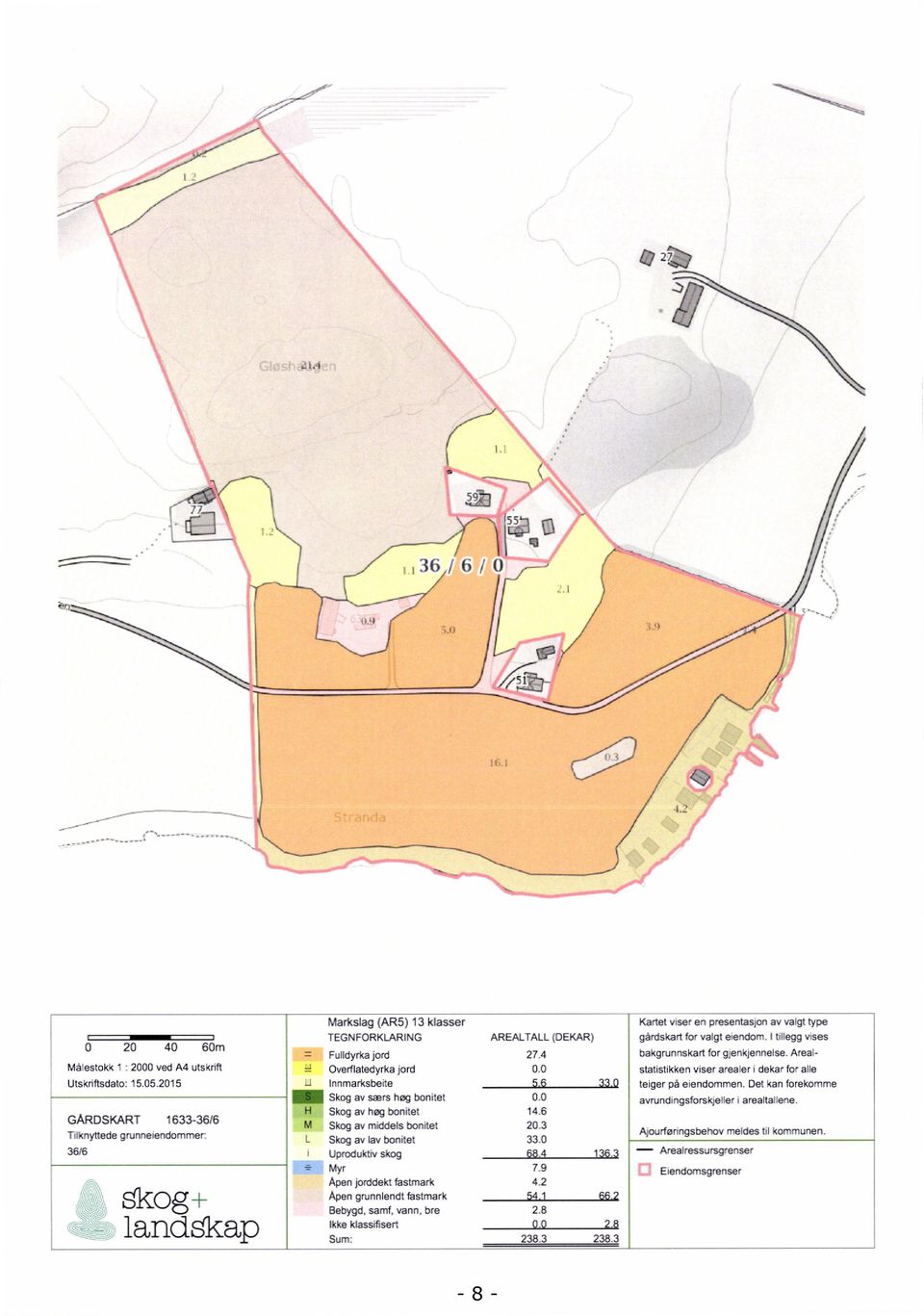 1 MSkog LSkog gårdskart for valgt eiendom. I tillegg vises bakgrunnskart for gjenkjennelse. Areal- 27.4 jord statistikken viser arealer i dekar for alle 33 Q 33.0 68.4 7.