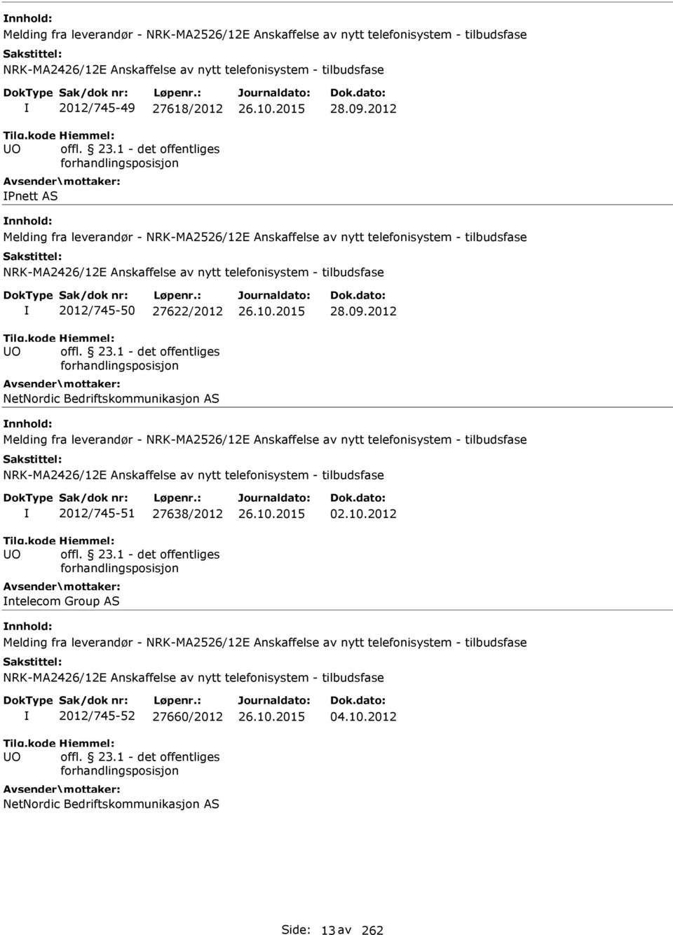 AS 28.09.2012 Melding fra leverandør - NRK-MA2526/12E Anskaffelse av nytt telefonisystem - tilbudsfase O 2012/745-51 27638/2012 ntelecom Group AS 02.10.