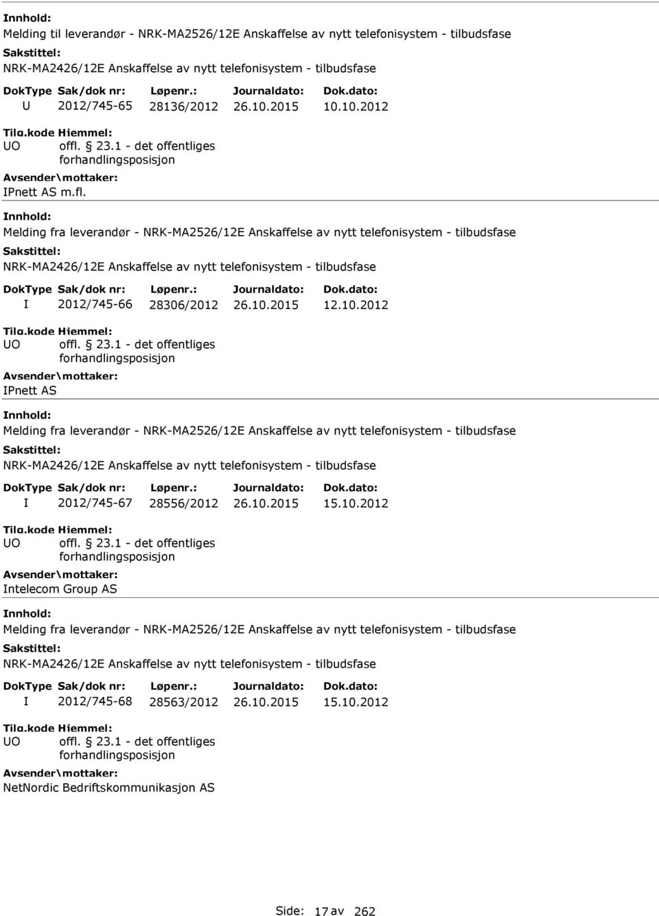 10.2012 Melding fra leverandør - NRK-MA2526/12E Anskaffelse av nytt telefonisystem - tilbudsfase O 2012/745-68 28563/2012 NetNordic