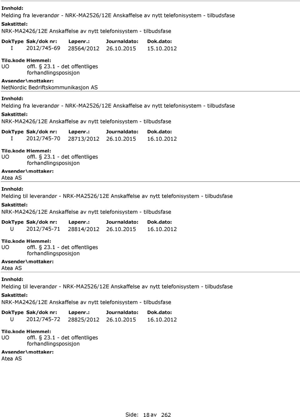 2012 Melding fra leverandør - NRK-MA2526/12E Anskaffelse av nytt telefonisystem - tilbudsfase O 2012/745-70 28713/2012 Atea AS 16.10.