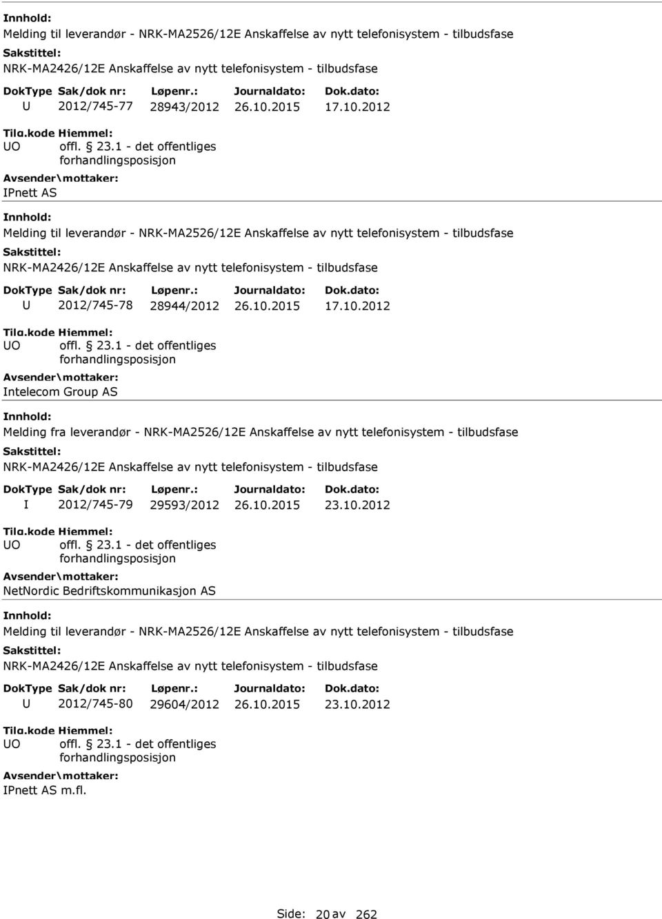 2012 Melding fra leverandør - NRK-MA2526/12E Anskaffelse av nytt telefonisystem - tilbudsfase O 2012/745-79 29593/2012 NetNordic