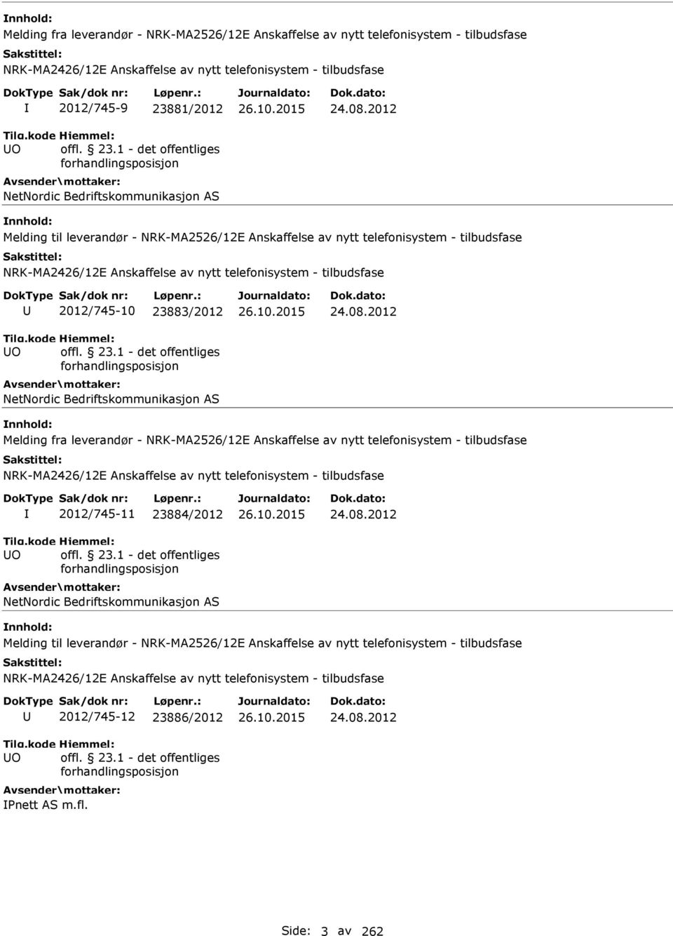 08.2012 Melding fra leverandør - NRK-MA2526/12E Anskaffelse av nytt telefonisystem - tilbudsfase O 2012/745-11 23884/2012 NetNordic Bedriftskommunikasjon AS