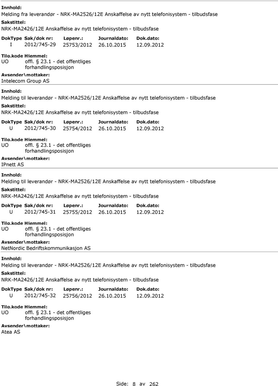 2012 Melding til leverandør - NRK-MA2526/12E Anskaffelse av nytt telefonisystem - tilbudsfase O 2012/745-31 25755/2012 NetNordic