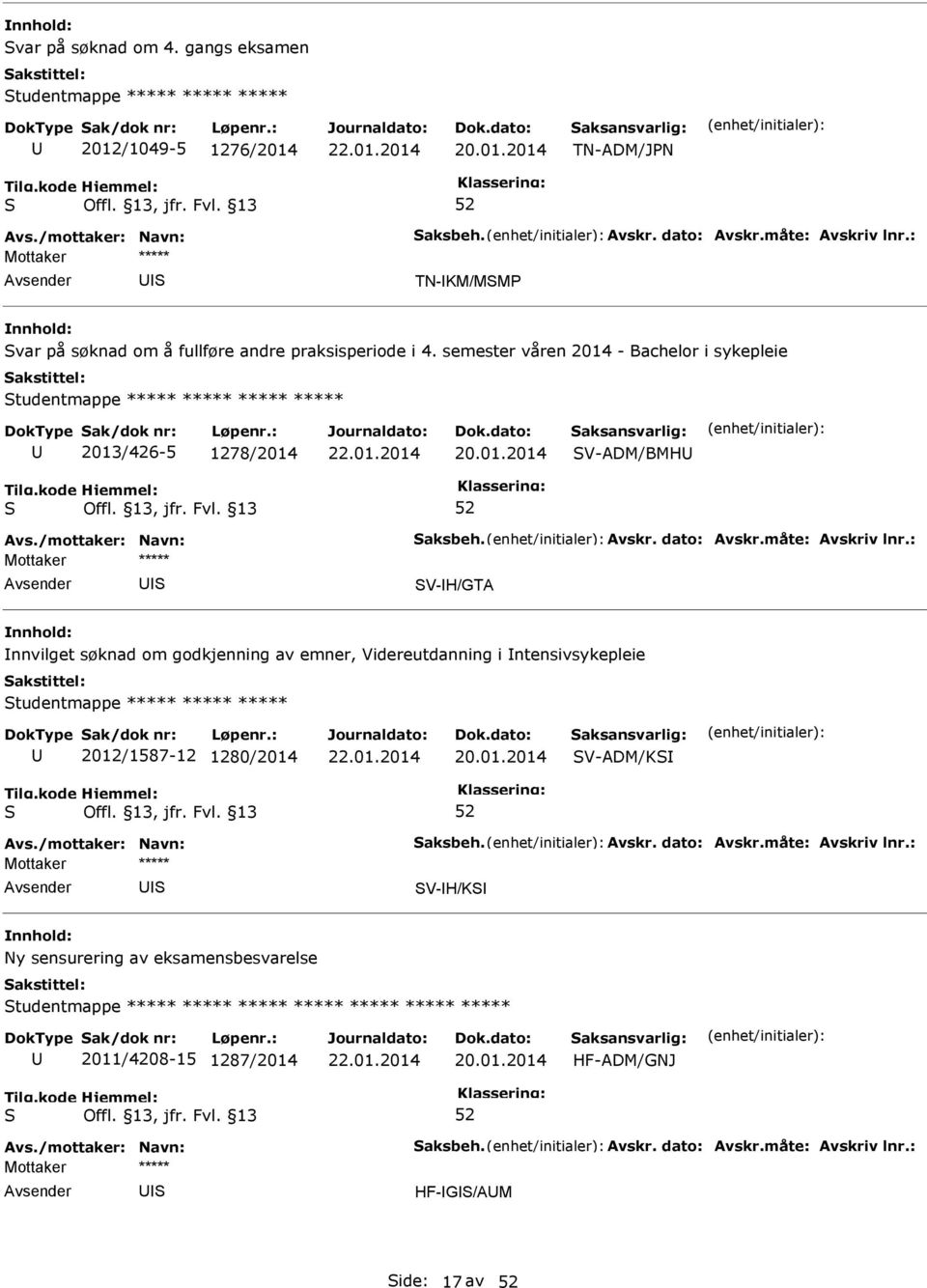 semester våren 2014 - Bachelor i sykepleie tudentmappe ***** ***** ***** ***** 2013/426-5 1278/2014 V-ADM/BMH V-H/GTA nnvilget søknad om