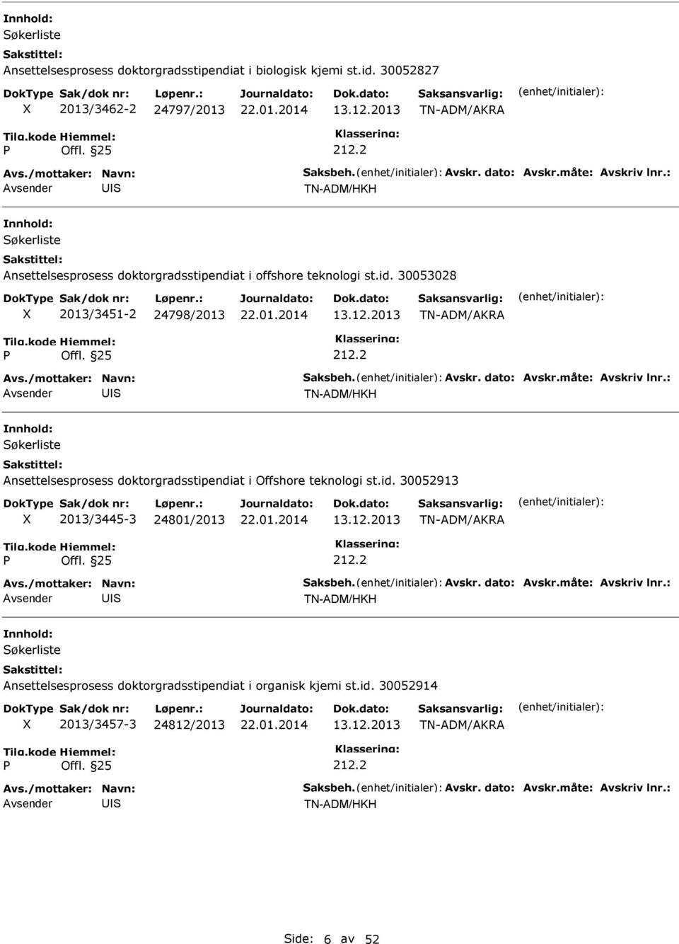 25 212.2 TN-ADM/HKH økerliste Ansettelsesprosess doktorgradsstipendiat i Offshore teknologi st.id. 300913 2013/3445-3 24801/2013 13.12.2013 TN-ADM/AKRA Offl.