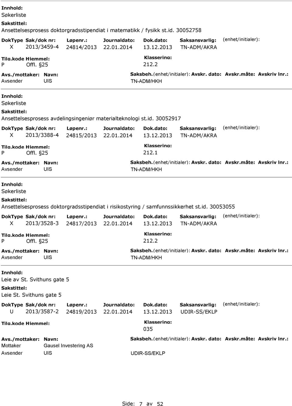 1 TN-ADM/HKH økerliste Ansettelsesprosess doktorgradsstipendiat i risikostyring / samfunnssikkerhet st.id. 30053055 2013/38-3 24817/2013 13.12.