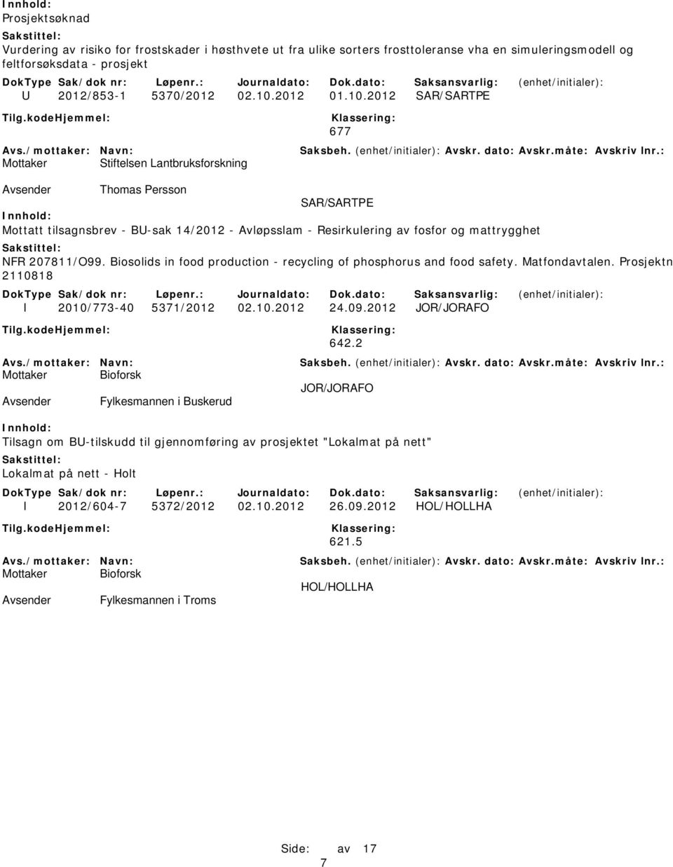 2012 SAR/SARTPE 677 Mottaker Stiftelsen Lantbruksforskning Thomas Persson SAR/SARTPE Mottatt tilsagnsbrev - BU-sak 14/2012 - Avløpsslam - Resirkulering av fosfor og mattrygghet NFR 207811/O99.