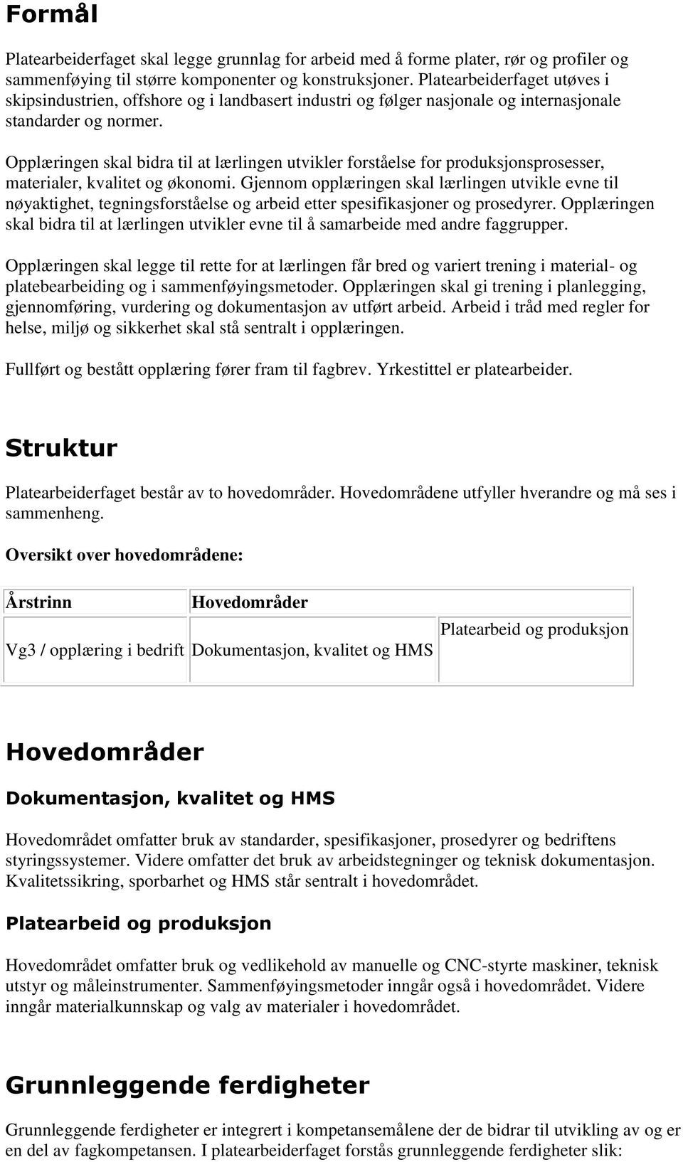 Opplæringen skal bidra til at lærlingen utvikler forståelse for produksjonsprosesser, materialer, kvalitet og økonomi.