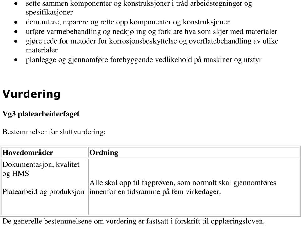 forebyggende vedlikehold på maskiner og utstyr Vurdering Vg3 platearbeiderfaget Bestemmelser for sluttvurdering: Hovedområder Dokumentasjon, kvalitet og HMS Ordning Alle