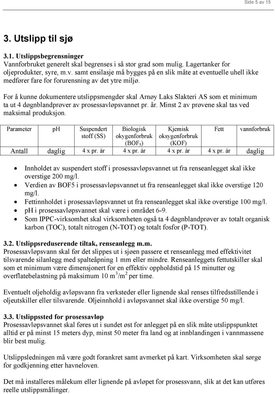 Parameter ph Suspendert stoff (SS) Biologisk okygenforbruk (BOF 5 ) Kjemisk oksygenforbruk (KOF) Fett vannforbruk Antall daglig 4 x pr. år 4 x pr.