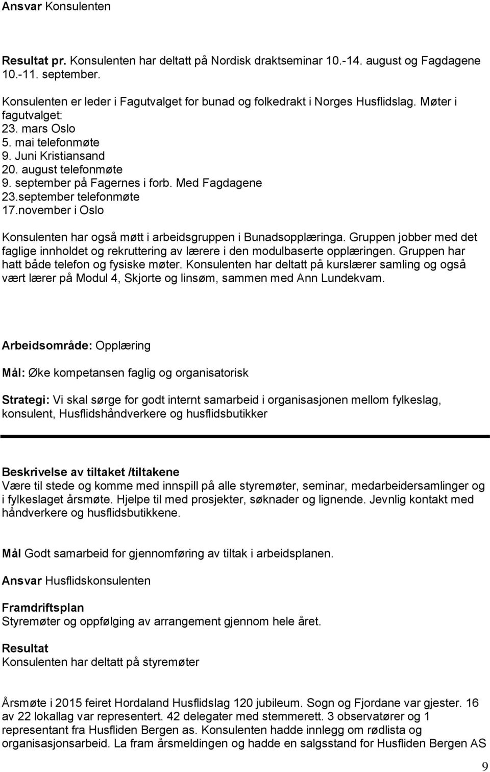 september på Fagernes i forb. Med Fagdagene 23.september telefonmøte 17.november i Oslo Konsulenten har også møtt i arbeidsgruppen i Bunadsopplæringa.