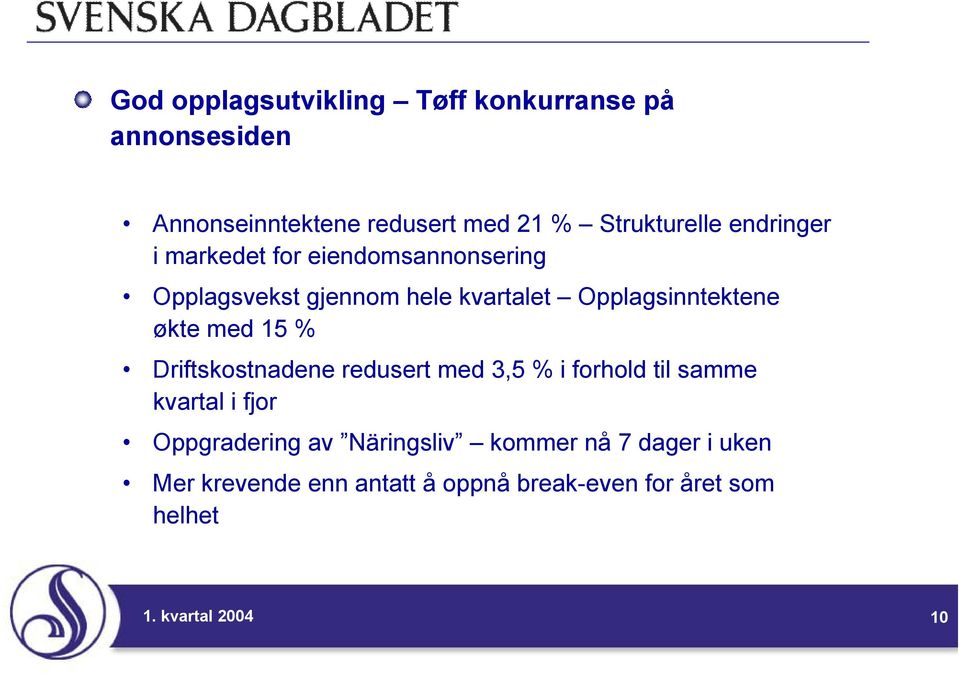 Opplagsinntektene økte med 15 % Driftskostnadene redusert med 3,5 % i forhold til samme kvartal i