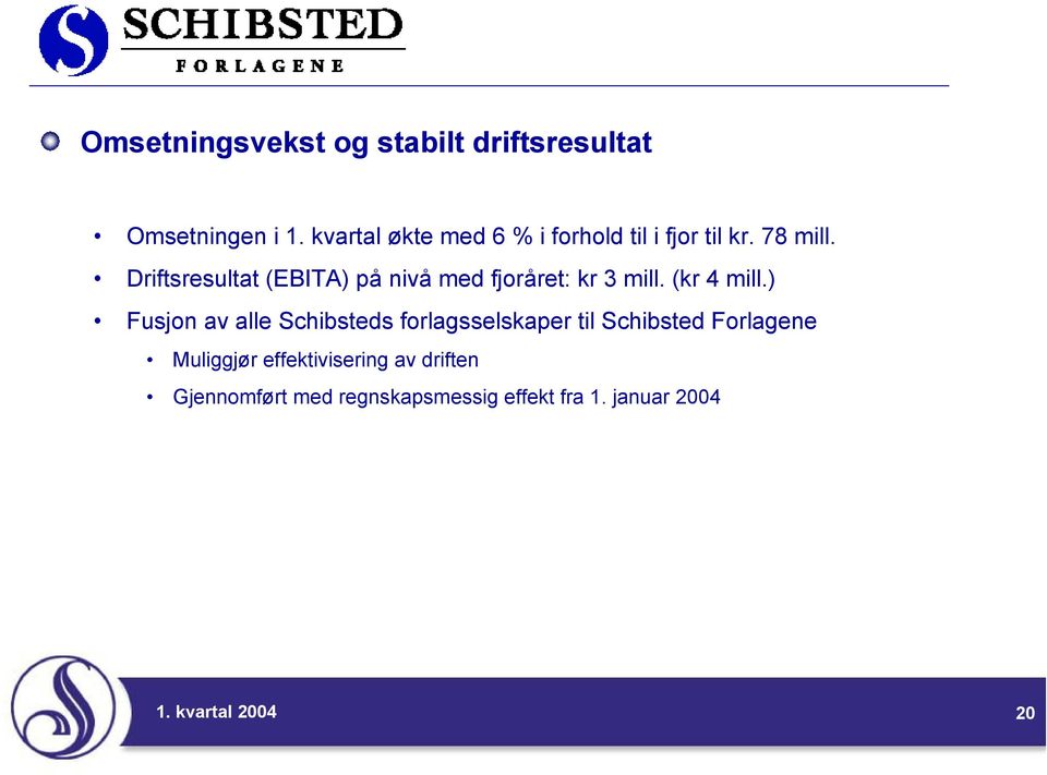 Driftsresultat (EBITA) på nivå med fjoråret: kr 3 mill. (kr 4 mill.