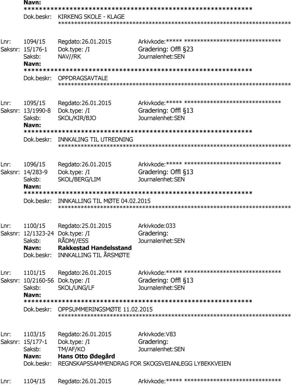 type: /I Gradering: Offl 13 Saksb: SKOL/KIR/BJO Journalenhet:SEN Dok.beskr: INNKALING TIL UTREDNING ************ Lnr: 1096/15 Regdato:26.01.