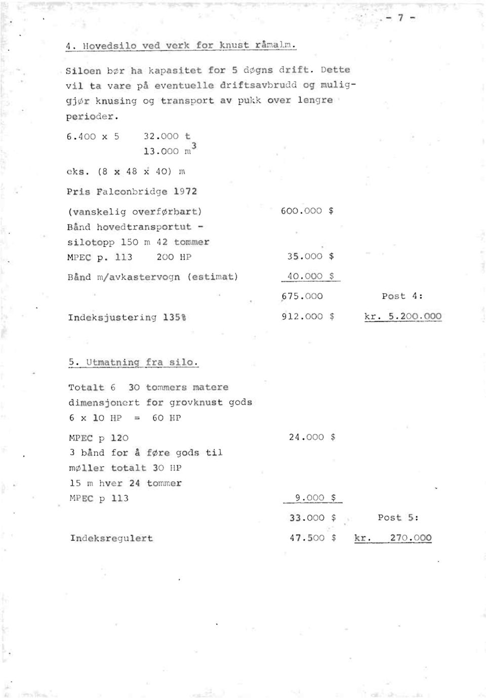 (8 x 48 Z 40) m Pris Falconbridge 1972 (vanskelig overførbart) Bånd hovedtransportut - silotopp 150 m 42 tommer MPEC p. 113 200 HP Bånd m/avkastervogn (estimat) 600.000 $ 35.000 $ 40.