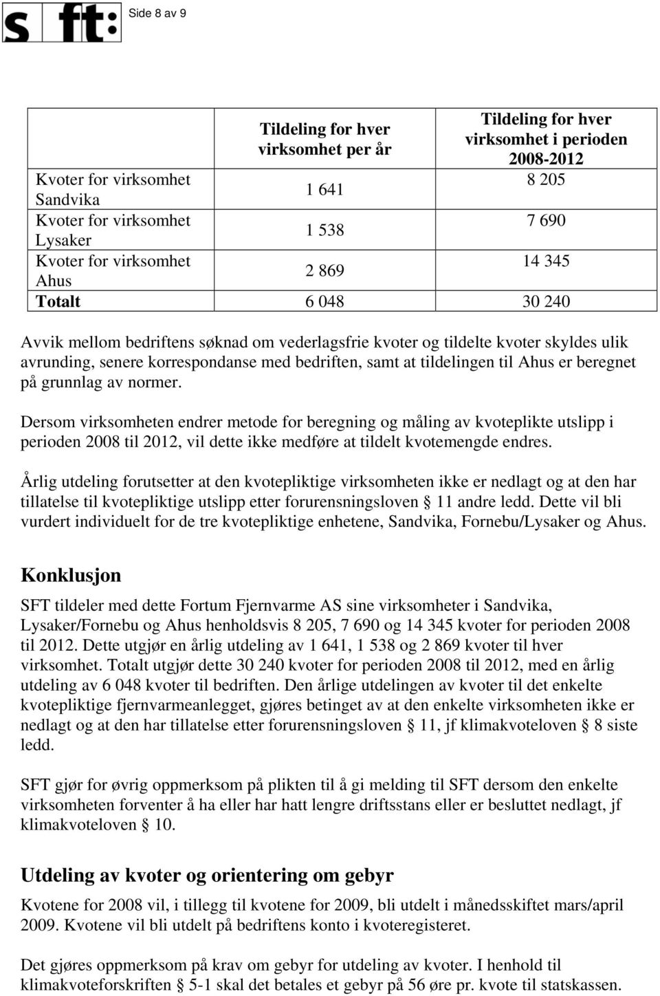 Ahus er beregnet på grunnlag av normer. Dersom virksomheten endrer metode for beregning og måling av kvoteplikte utslipp i perioden 2008 til 2012, vil dette ikke medføre at tildelt kvotemengde endres.