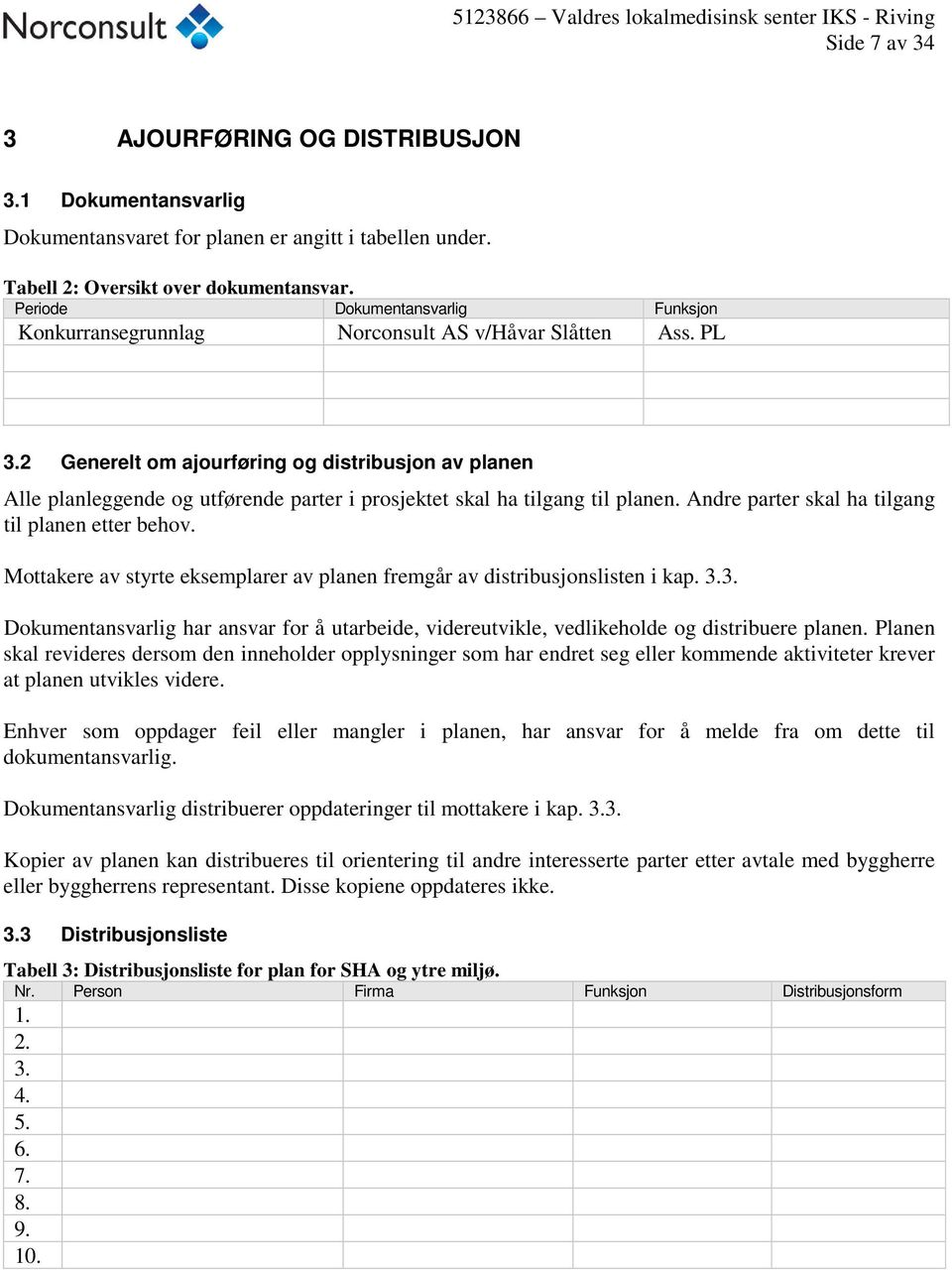 2 Generelt om ajourføring og distribusjon av planen Alle planleggende og utførende parter i prosjektet skal ha tilgang til planen. Andre parter skal ha tilgang til planen etter behov.