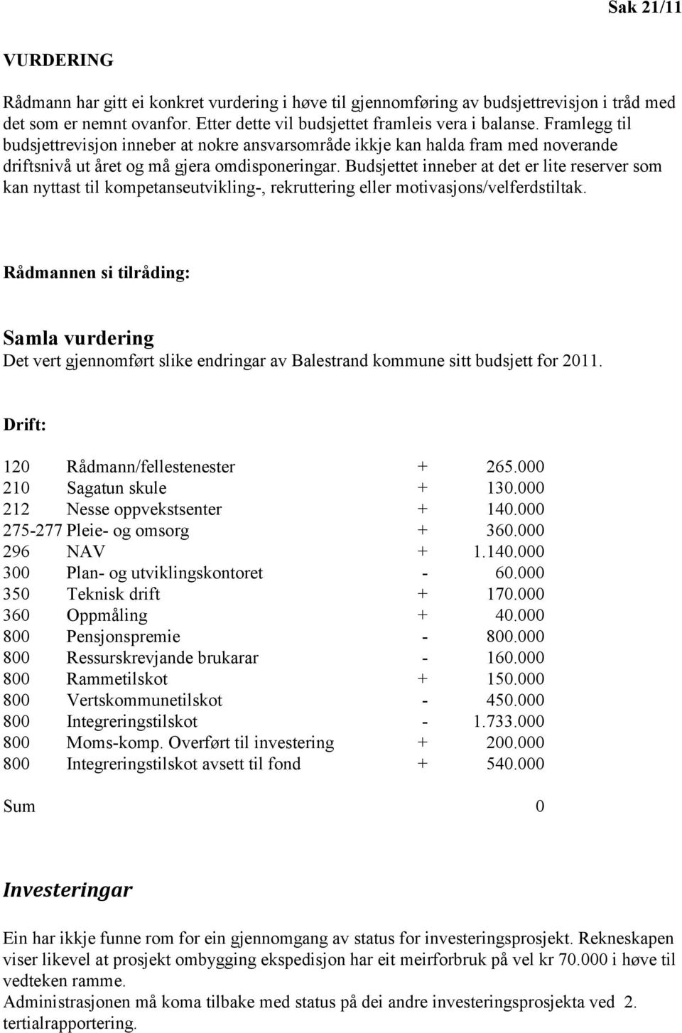 Budsjettet inneber at det er lite reserver som kan nyttast til kompetanseutvikling-, rekruttering eller motivasjons/velferdstiltak.