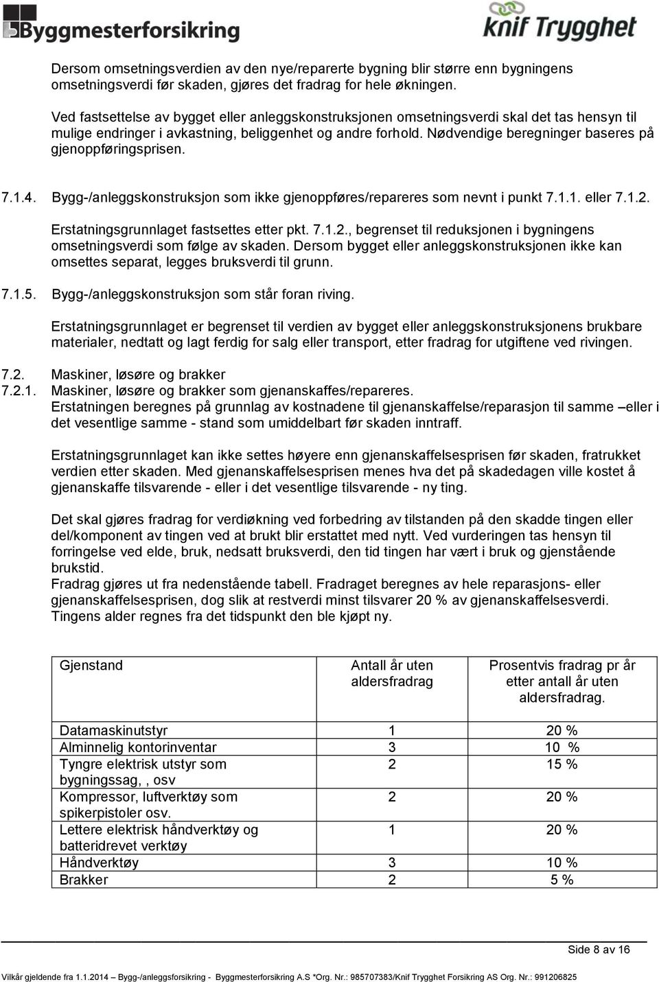 Nødvendige beregninger baseres på gjenoppføringsprisen. 7.1.4. Bygg-/anleggskonstruksjon som ikke gjenoppføres/repareres som nevnt i punkt 7.1.1. eller 7.1.2.