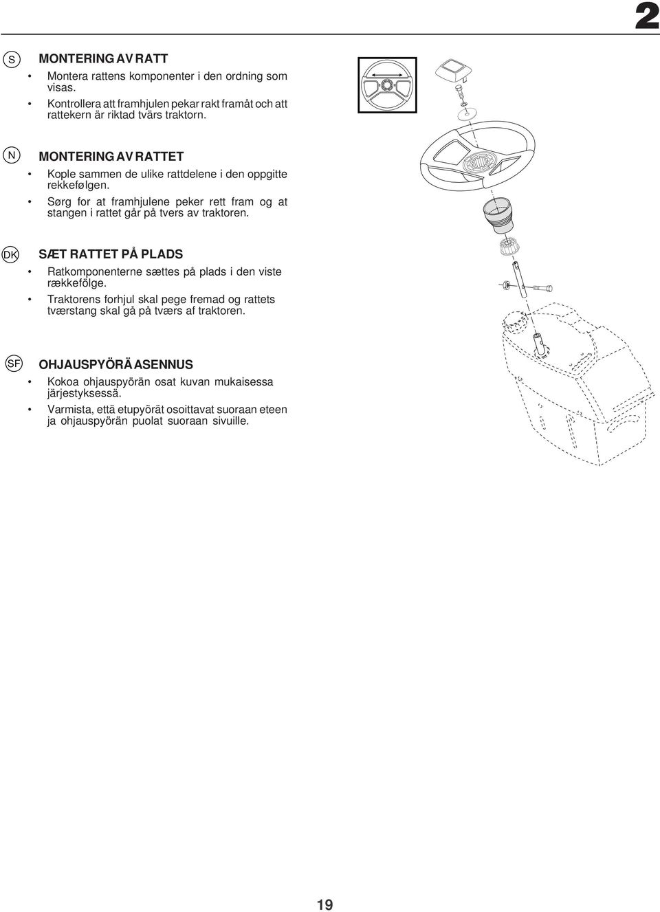ørg for at framhjulene peker rett fram og at stangen i rattet går på tvers av traktoren. ÆT RATTET PÅ PLAD Ratkomponenterne sættes på plads i den viste rækkefölge.