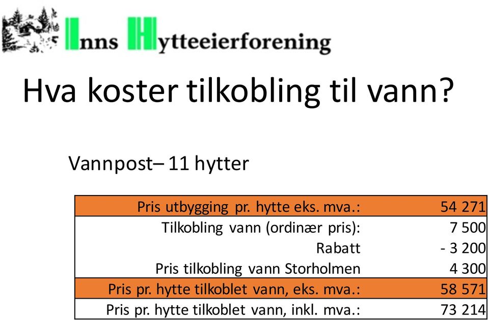 : 54 271 Tilkobling vann (ordinær pris): 7 500 Rabatt - 3 200 Pris