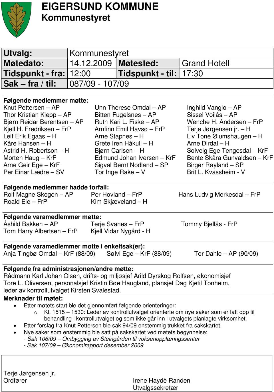 Klepp AP Bitten Fugelsnes AP Sissel Voilås AP Bjørn Reidar Berentsen AP Ruth Kari L. Fiske AP Wenche H. Andersen FrP Kjell H. Fredriksen FrP Arnfinn Emil Havsø FrP Terje Jørgensen jr.