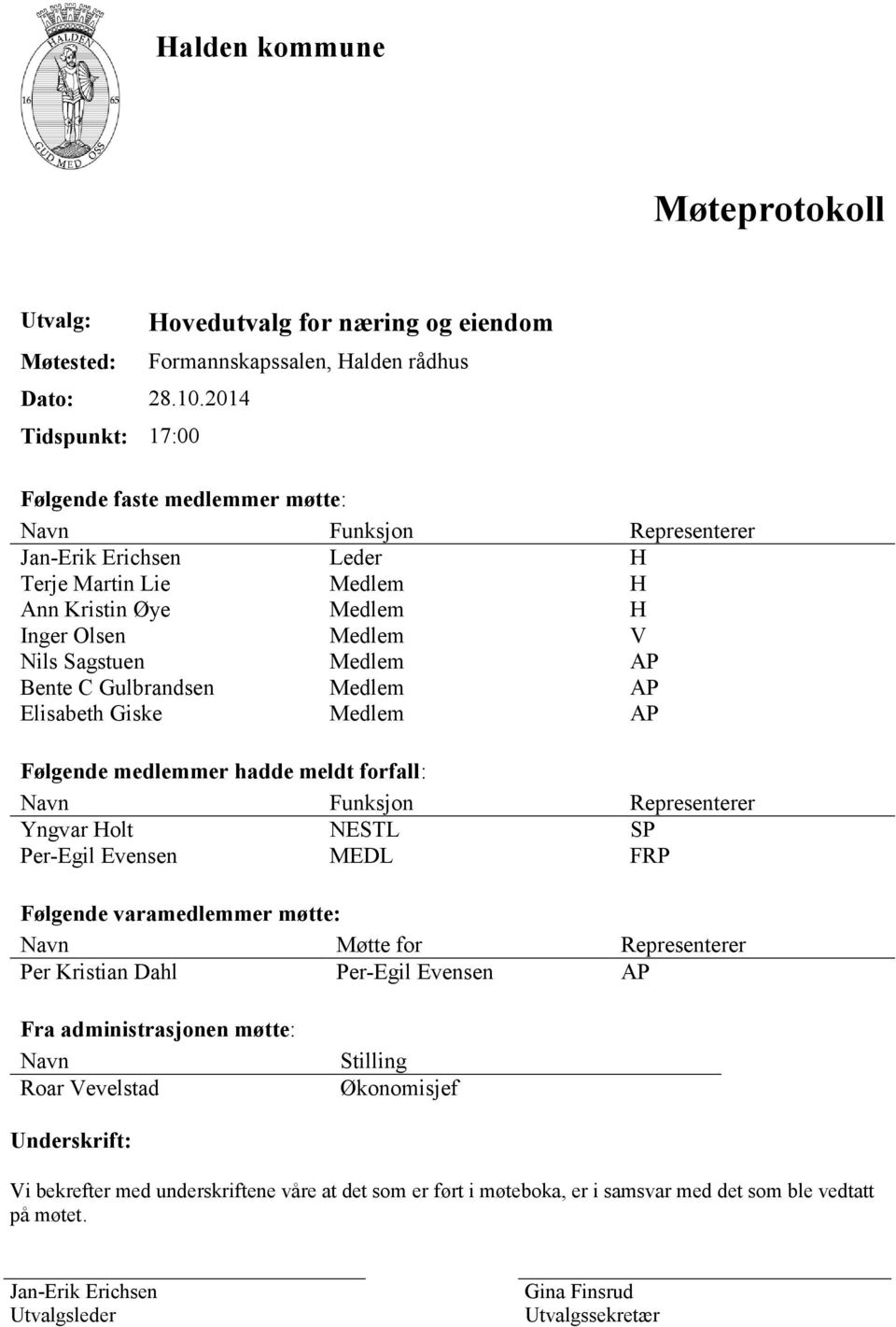 H Ann Kristin Øye Medlem H Inger Olsen Medlem V Nils Sagstuen Medlem AP Bente C Gulbrandsen Medlem AP Elisabeth Giske Medlem AP Følgende medlemmer hadde meldt forfall: Navn Funksjon Representerer