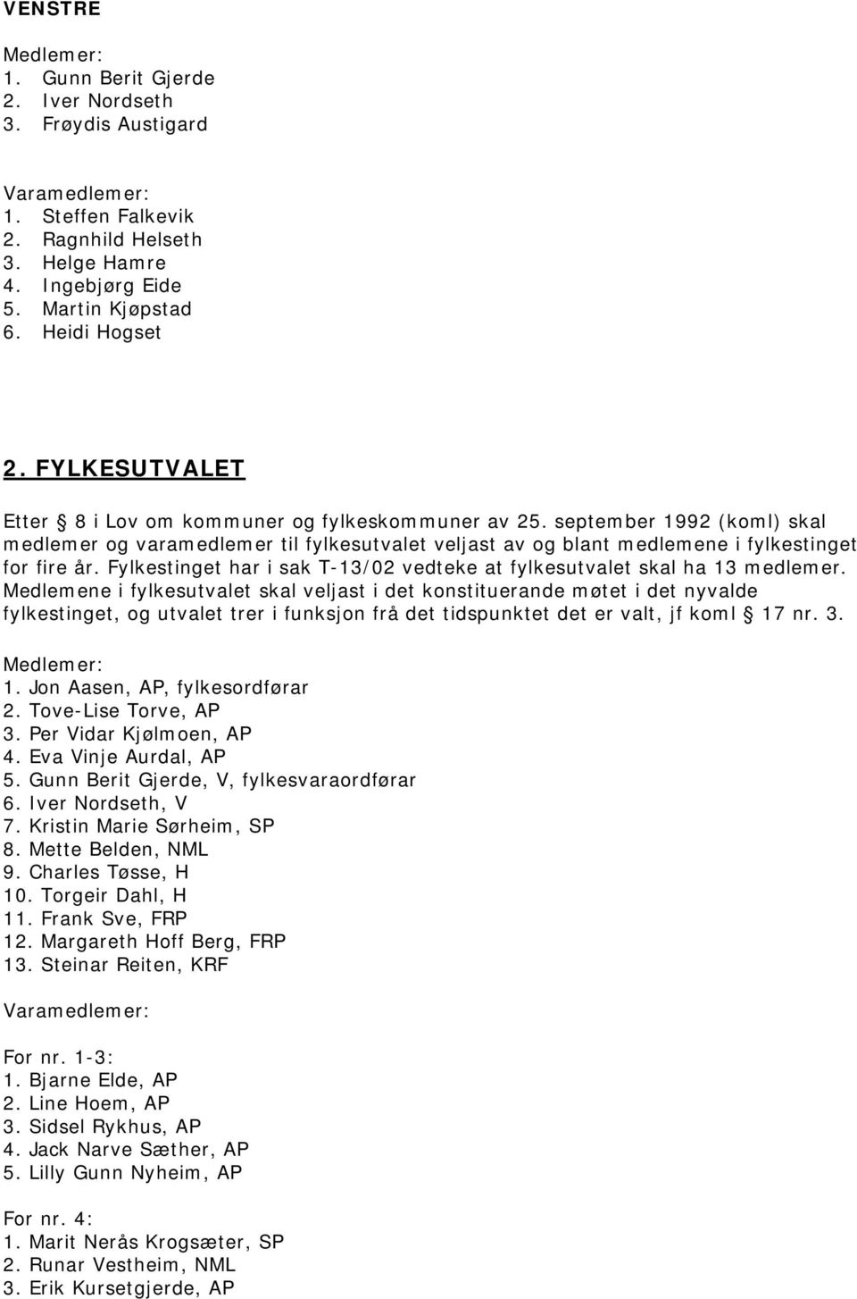 Fylkestinget har i sak T-13/02 vedteke at fylkesutvalet skal ha 13 medlemer.