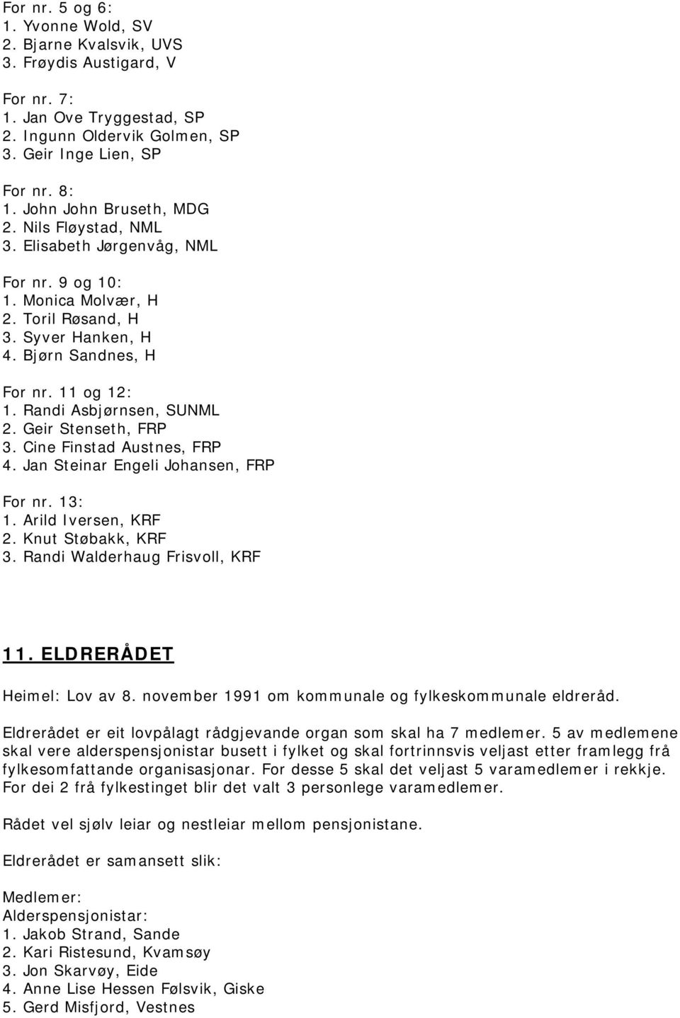Randi Asbjørnsen, SUNML 2. Geir Stenseth, FRP 3. Cine Finstad Austnes, FRP 4. Jan Steinar Engeli Johansen, FRP For nr. 13: 1. Arild Iversen, KRF 2. Knut Støbakk, KRF 3.