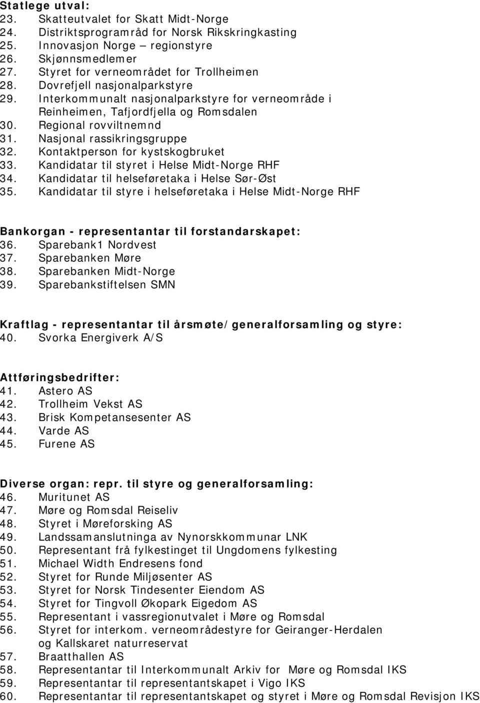 Nasjonal rassikringsgruppe 32. Kontaktperson for kystskogbruket 33. Kandidatar til styret i Helse Midt-Norge RHF 34. Kandidatar til helseføretaka i Helse Sør-Øst 35.