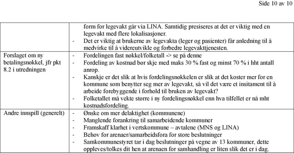 - Fordelingen fast nøkkel/folketall -> se på denne - Fordeling av kostnad bør skje med maks 30 % fast og minst 70 % i hht antall anrop.