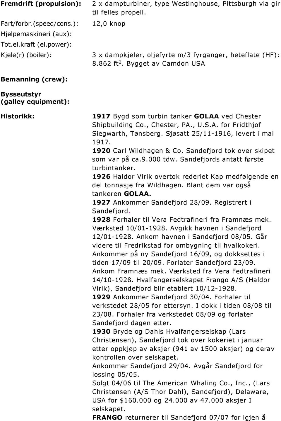 Bygget av Camdon USA Historikk: 1917 Bygd som turbin tanker GOLAA ved Chester Shipbuilding Co., Chester, PA., U.S.A. for Fridthjof Siegwarth, Tønsberg. Sjøsatt 25/11-1916, levert i mai 1917.