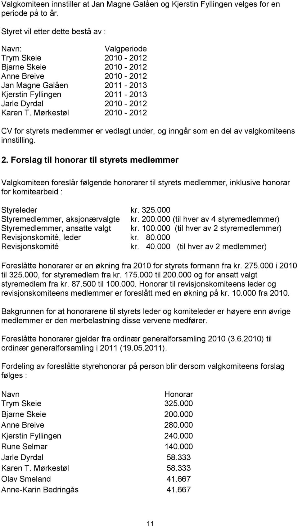 Karen T. Mørkestøl 2010-2012 CV for styrets medlemmer er vedlagt under, og inngår som en del av valgkomiteens innstilling. 2. Forslag til honorar til styrets medlemmer Valgkomiteen foreslår følgende honorarer til styrets medlemmer, inklusive honorar for komitearbeid : Styreleder kr.