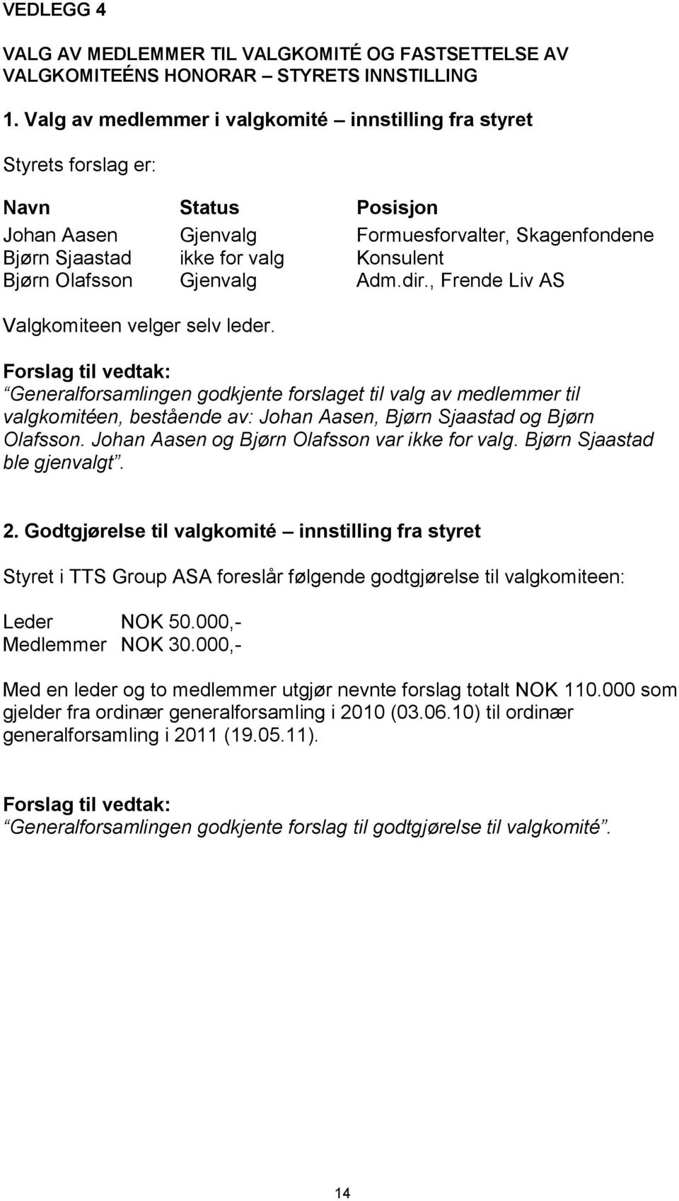 Olafsson Gjenvalg Adm.dir., Frende Liv AS Valgkomiteen velger selv leder.