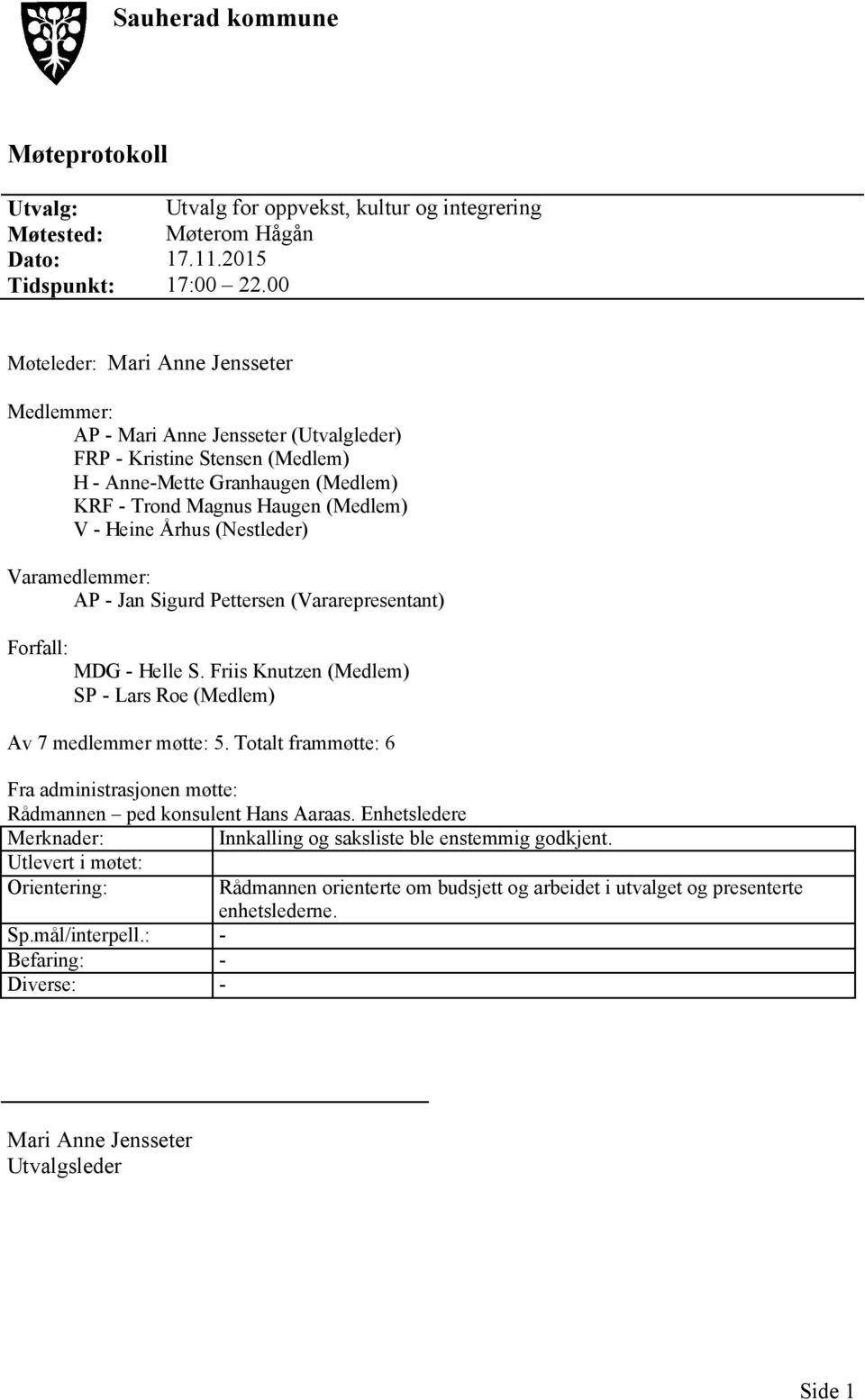 Århus (Nestleder) Varamedlemmer: AP - Jan Sigurd Pettersen (Vararepresentant) Forfall: MDG - Helle S. Friis Knutzen (Medlem) SP - Lars Roe (Medlem) Av 7 medlemmer møtte: 5.